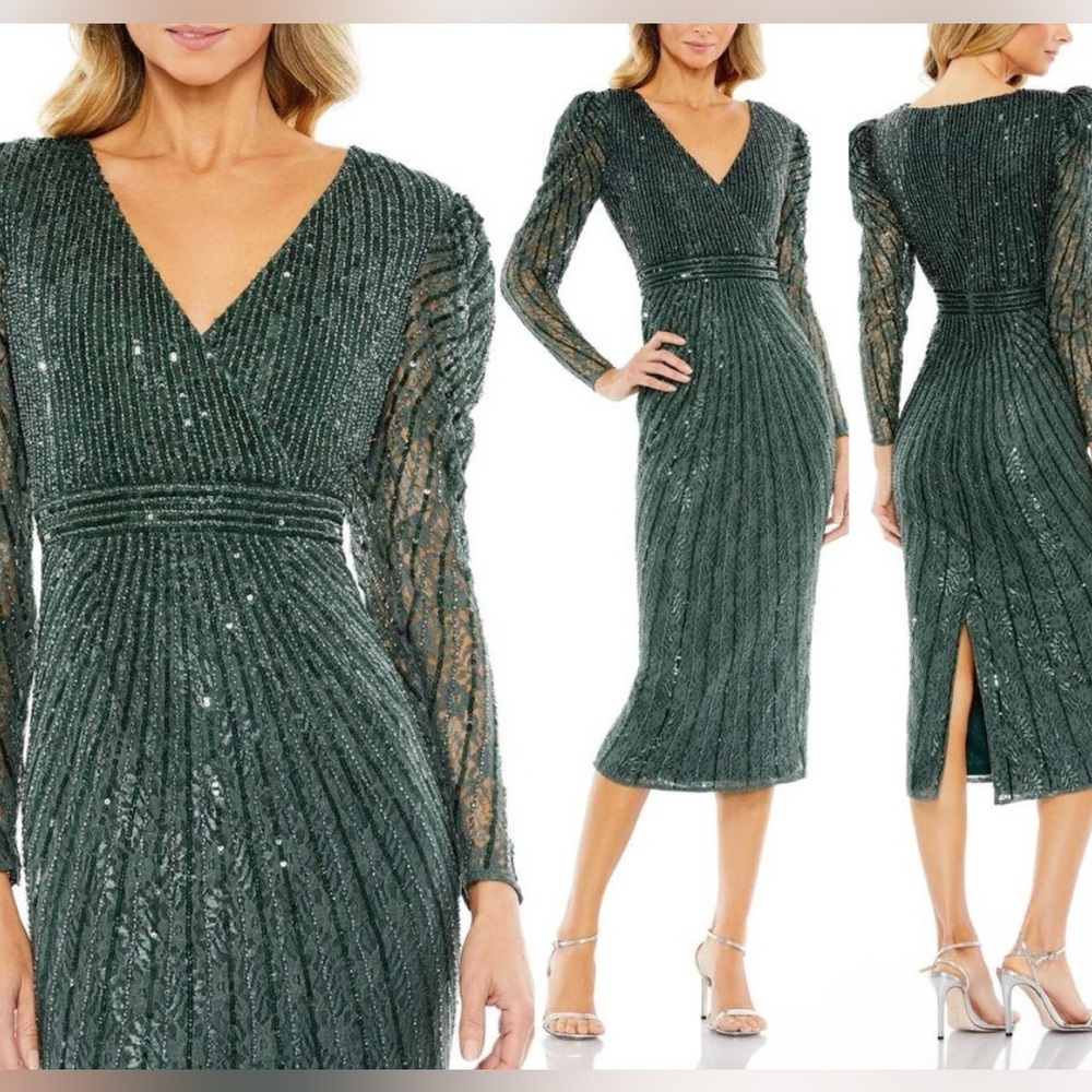 Mac Duggal 93676 Beaded Sequin Lace Long Sleeve MIDI Sheath forest Green Dress 0